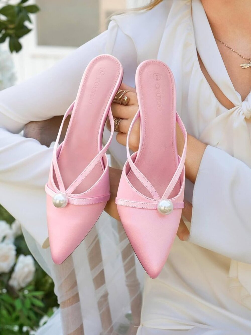 Women's Pearl Kitten Heels Mules Closed Pointed Toe Pink Sandal Satin Shoes - Picture 3 of 6